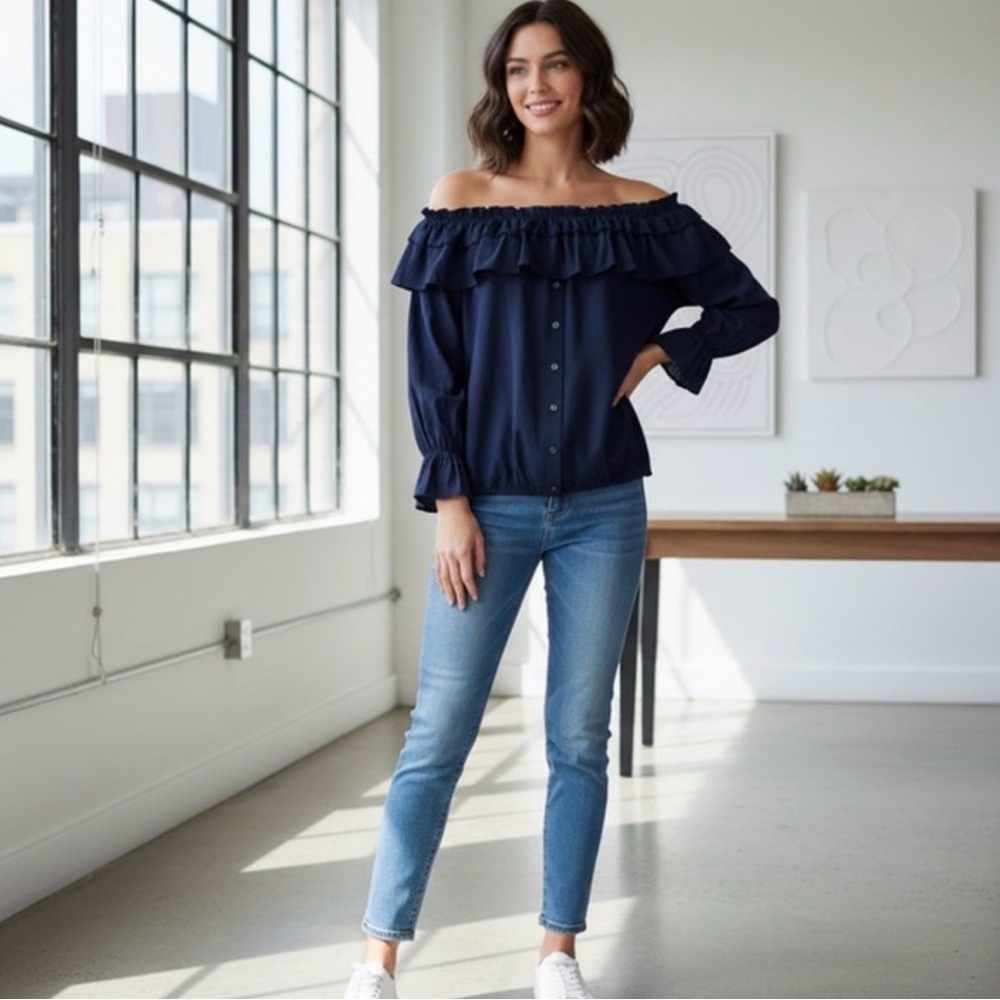 NWT Elliott & Vine Navy Blue Ruffle Off-Shoulder Long Sleeve Blouse Top Size 2X